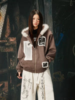 Faux Fur Collar Patchwork Zip-Up Hoodie 1