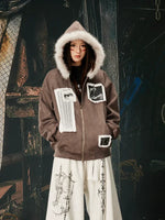 Faux Fur Collar Patchwork Zip-Up Hoodie 2