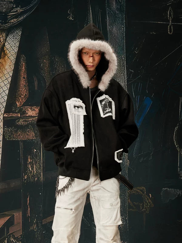 Faux Fur Collar Patchwork Zip-Up Hoodie 3