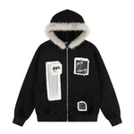 6016945092072,6016945092073,6016945092074, Faux Fur Collar Patchwork Zip-Up Hoodie