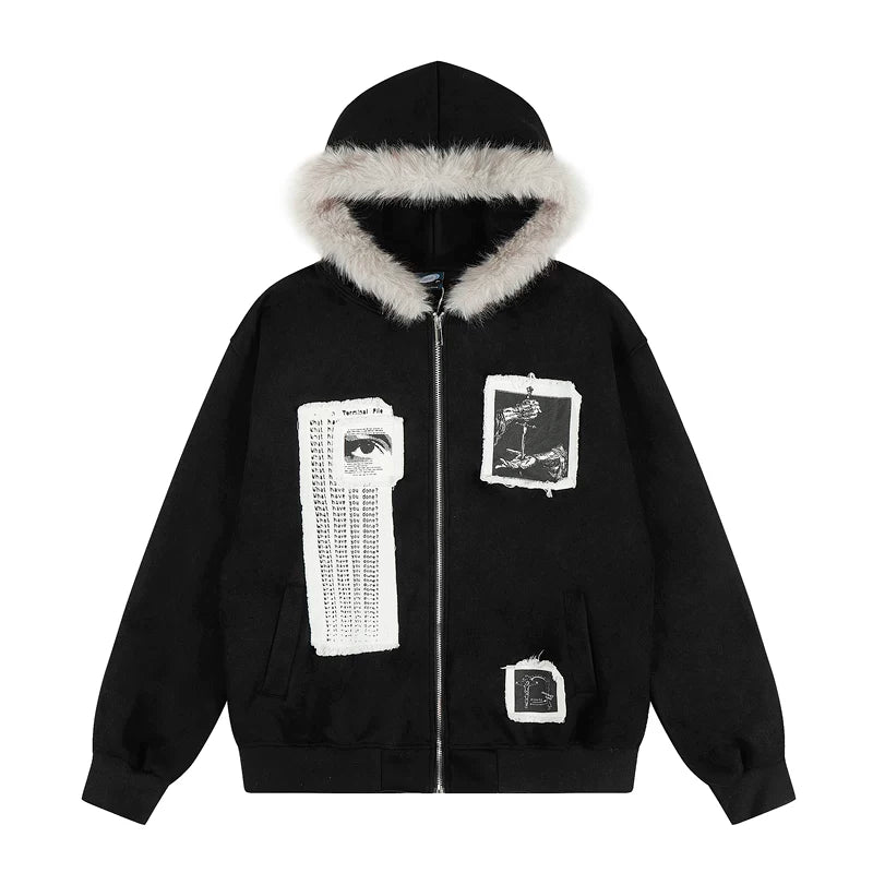 6016945092072,6016945092073,6016945092074, Faux Fur Collar Patchwork Zip-Up Hoodie