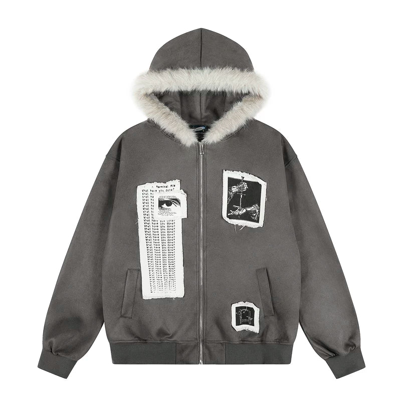 6016945092075,6016945092076,6016945092077, Faux Fur Collar Patchwork Zip-Up Hoodie