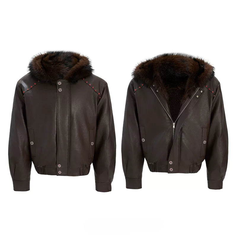 6166963530591,6166963530595,6166963530599,6166963530603,6166963530607, Faux Fur Hooded Leather Jacket