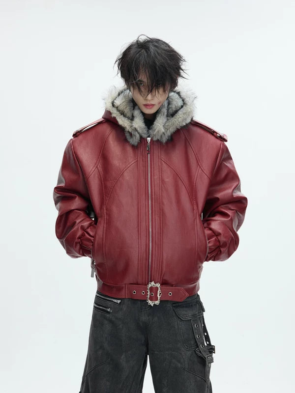 Faux Fur Hooded Leather Jacket 2