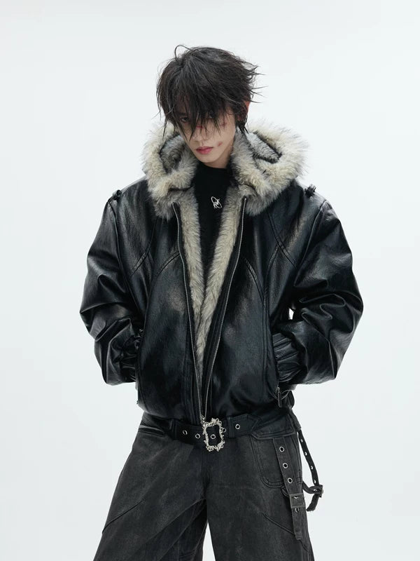 Faux Fur Hooded Leather Jacket 5