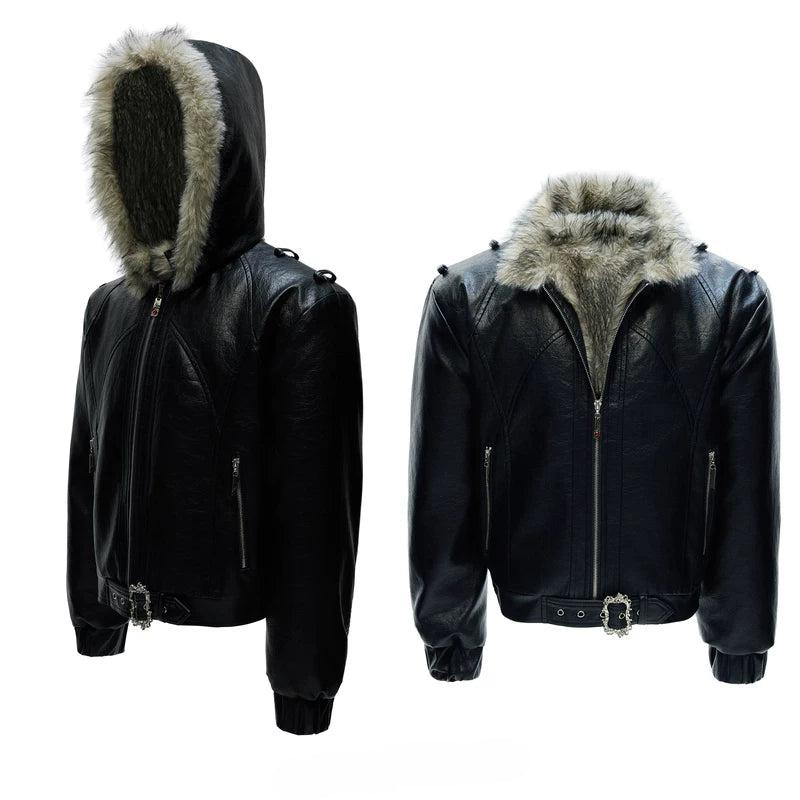 5967670473510,5967670473511,5967670473512,5967670473513,6143406771110, Faux Fur Hooded Leather Jacket