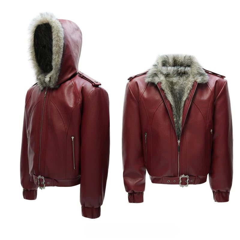 5967670473515,5967670473516,5967670473517,5967670473518,6143406771111, Faux Fur Hooded Leather Jacket