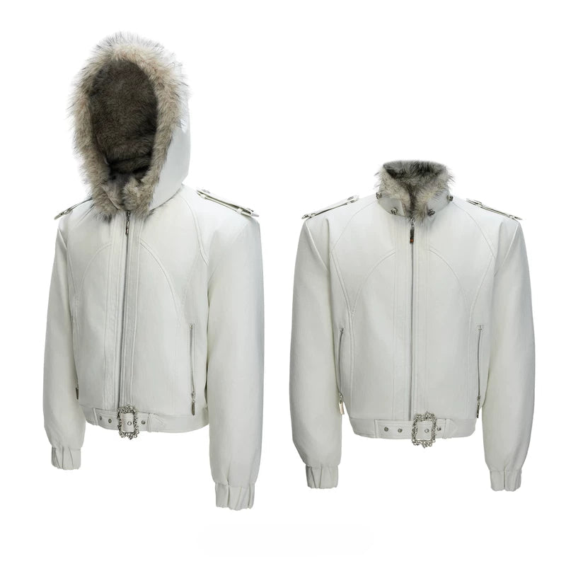 6144471843390,6144471843391,6144471843392,6144471843393,6144471843394, Faux Fur Hooded Leather Jacket