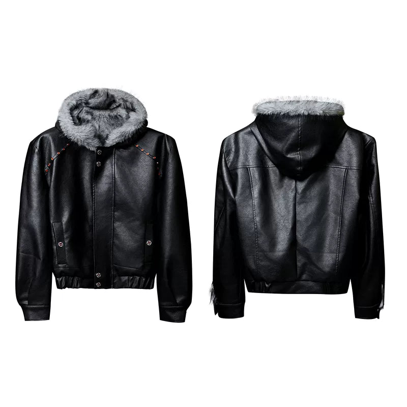 6166963530590,6166963530594,6166963530598,6166963530602,6166963530606, Faux Fur Hooded Leather Jacket