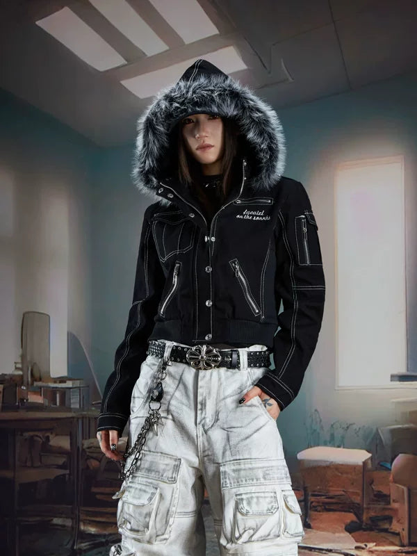Faux Fur Hooded Zip Denim Jacket 1