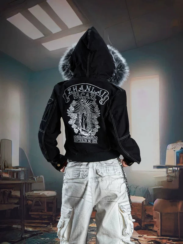 Faux Fur Hooded Zip Denim Jacket 2