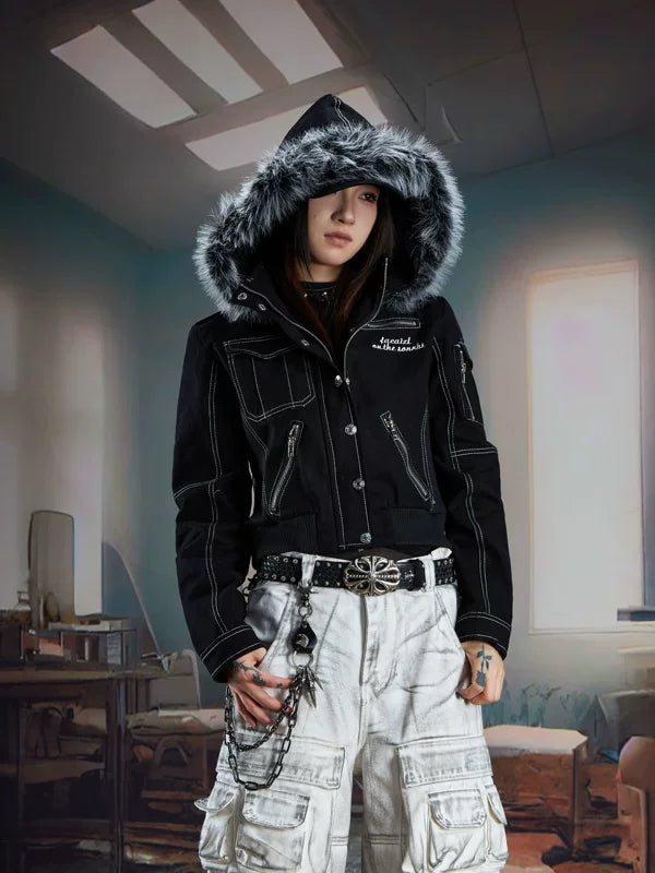 Faux Fur Hooded Zip Denim Jacket 3