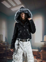 6087774806959,6087774806960,6087774806961, Faux Fur Hooded Zip Denim Jacket