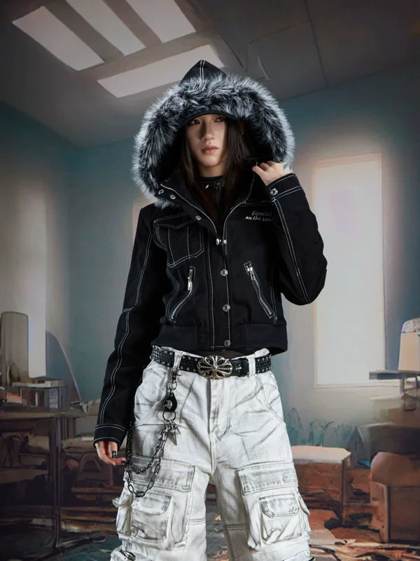 6087774806959,6087774806960,6087774806961, Faux Fur Hooded Zip Denim Jacket