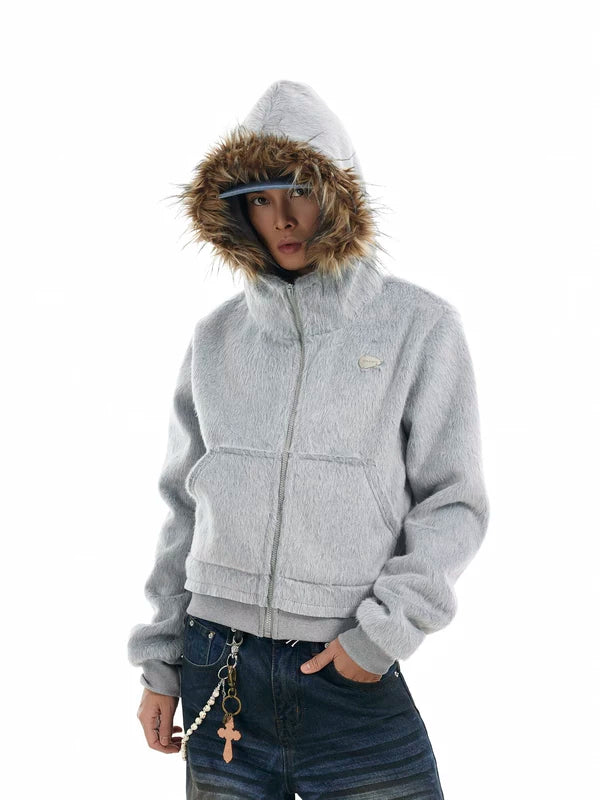 Faux Fur Hooded Zip-Up Sweatshirt Jacket 1