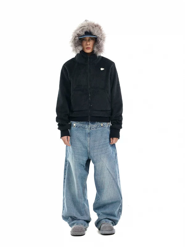 Faux Fur Hooded Zip-Up Sweatshirt Jacket 2