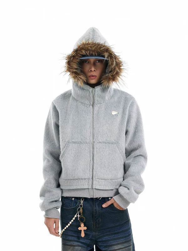 Faux Fur Hooded Zip-Up Sweatshirt Jacket 3