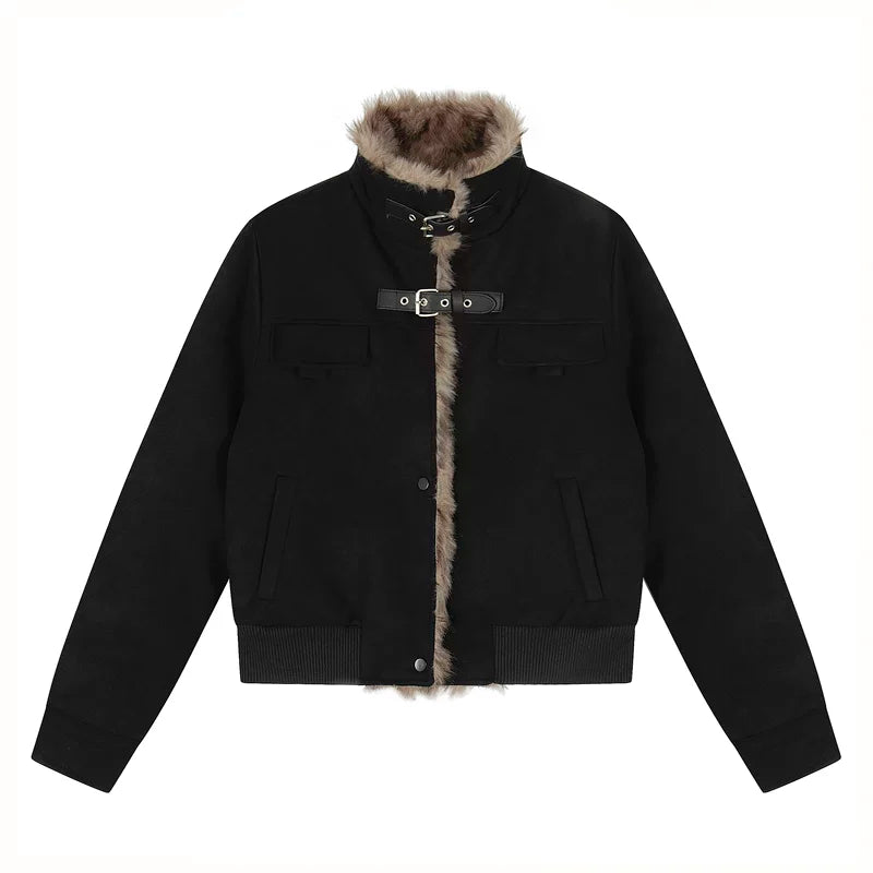 5985303336453,5985303336454,5985303336455,5985303336456, Faux Fur Trim Buckle Front Winter Jacket