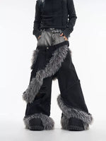 Faux Fur Trim Distressed Denim Pants 2