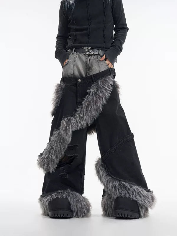 Faux Fur Trim Distressed Denim Pants 2