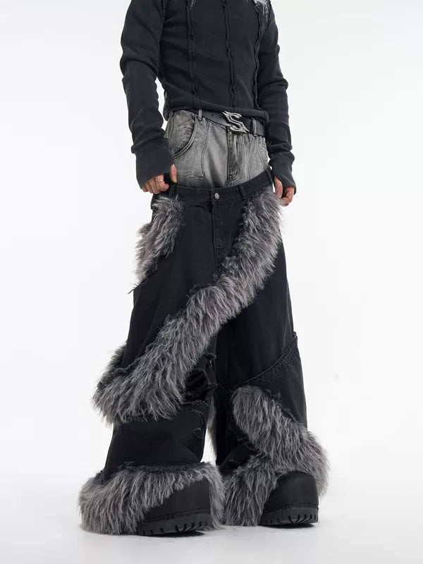 Faux Fur Trim Distressed Denim Pants 4