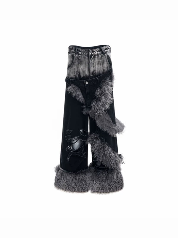 Faux Fur Trim Distressed Denim Pants 5