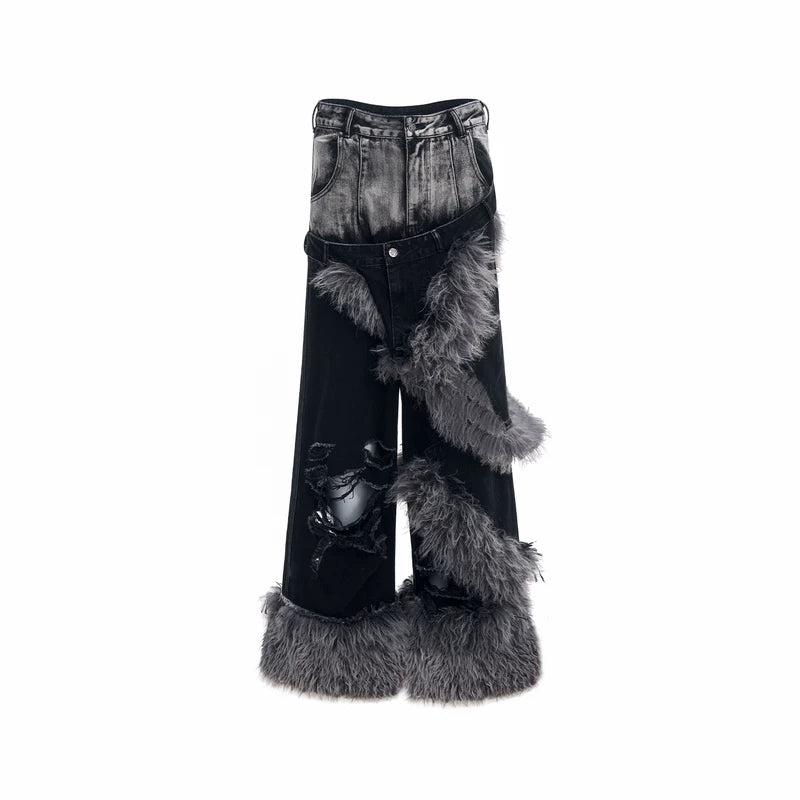 5844062183883,5844062183884,5844062183885,5844062183886, Faux Fur Trim Distressed Denim Pants