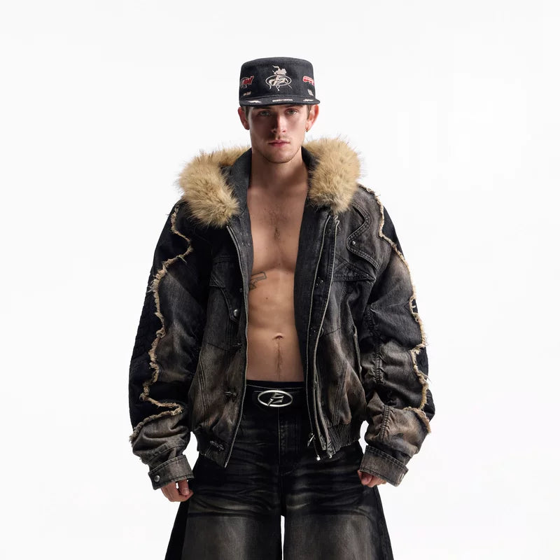 6146074906555,6146074906556,6146074906557, Faux Fur Trim Heavyweight Denim Jacket