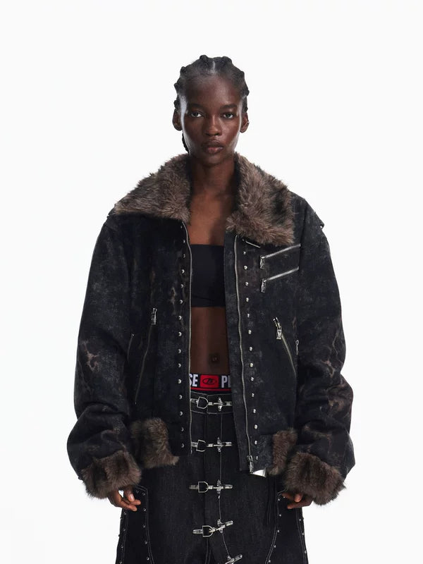 Faux Fur Trim Studded Zip Jacket 1