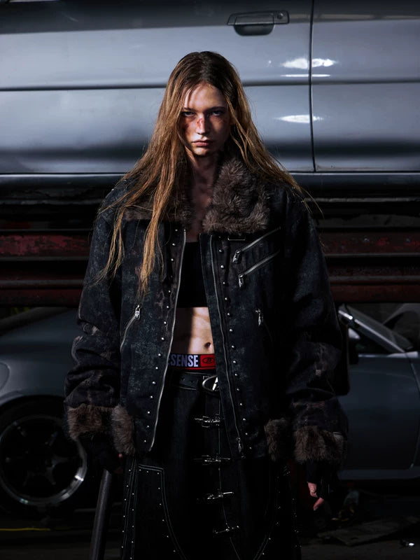 Faux Fur Trim Studded Zip Jacket 2
