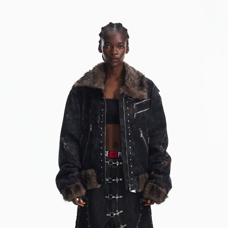 5948293289909,5948293289910,5948293289911, Faux Fur Trim Studded Zip Jacket