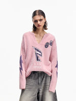 Faux Mink V-Neck Graphic Pullover Sweater 1