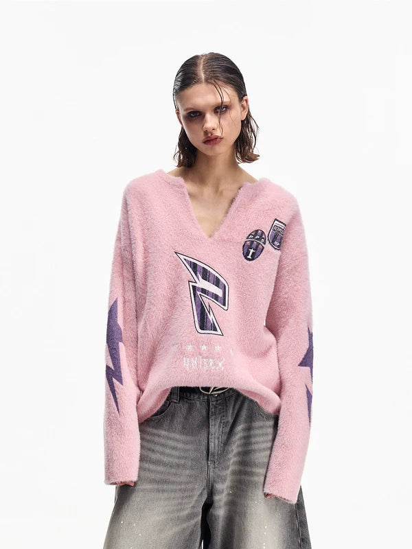 Faux Mink V-Neck Graphic Pullover Sweater 1