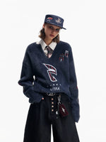 Faux Mink V-Neck Graphic Pullover Sweater 2