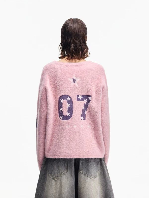 Faux Mink V-Neck Graphic Pullover Sweater 3