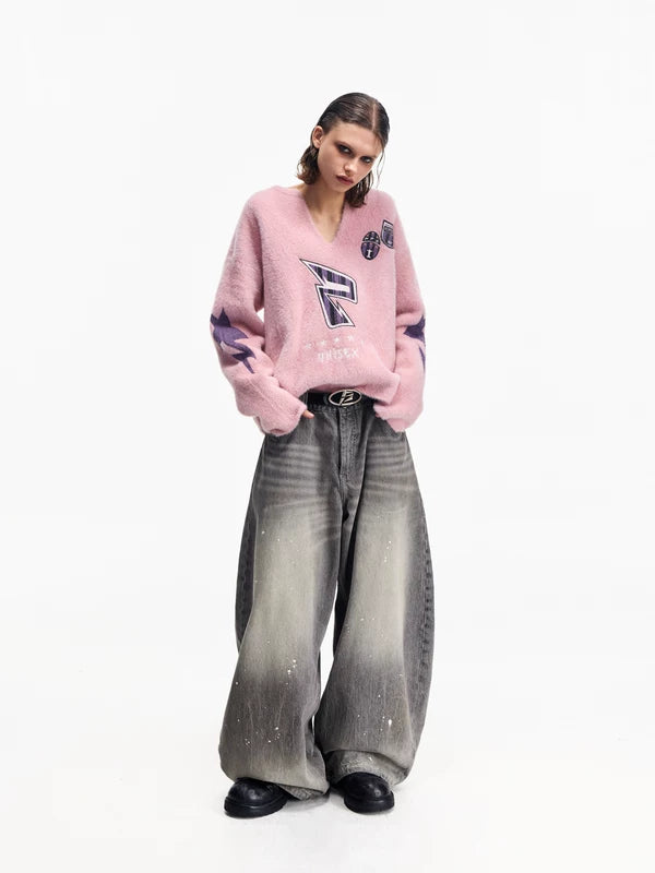 Faux Mink V-Neck Graphic Pullover Sweater 4