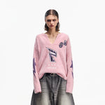 5831299427765,5831299427766,5831299427767, Faux Mink V-Neck Graphic Pullover Sweater