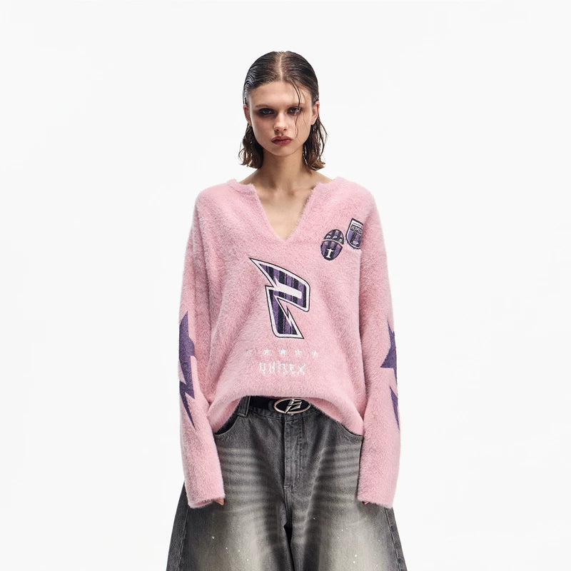 5831299427765,5831299427766,5831299427767, Faux Mink V-Neck Graphic Pullover Sweater