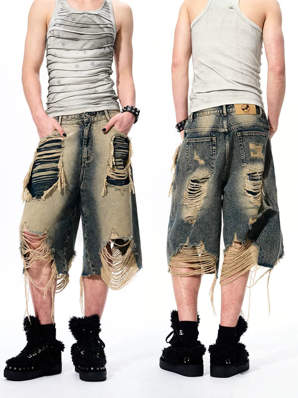 Faux Two-Piece Distressed Denim Shorts 1