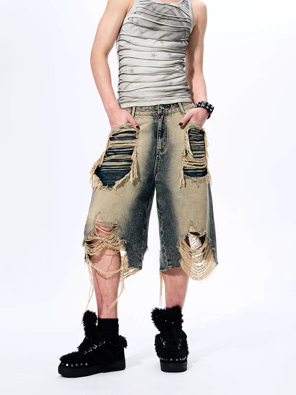 Faux Two-Piece Distressed Denim Shorts 2