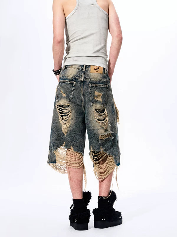 Faux Two-Piece Distressed Denim Shorts 4