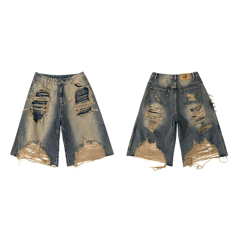 6095038533308,6095038533309,6095038533310,6095038533311, Faux Two-Piece Distressed Denim Shorts