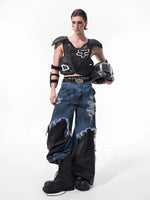 Faux Two-Piece Distressed Patchwork Jeans 2
