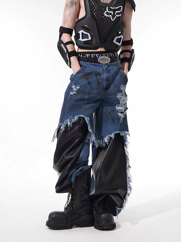 Faux Two-Piece Distressed Patchwork Jeans 3