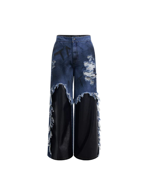 Faux Two-Piece Distressed Patchwork Jeans 5