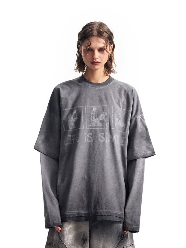Faux Two-Piece Graphic Long-Sleeve T-Shirt 1