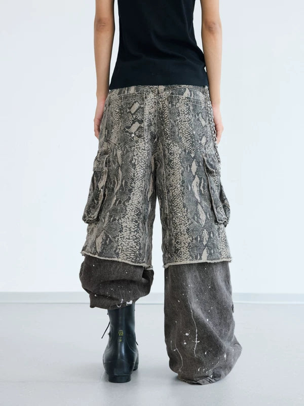 Faux Two-Piece Snake Print Cargo Pants 3