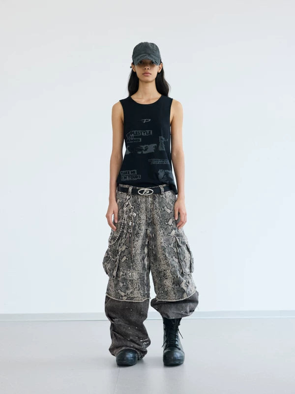 Faux Two-Piece Snake Print Cargo Pants 4