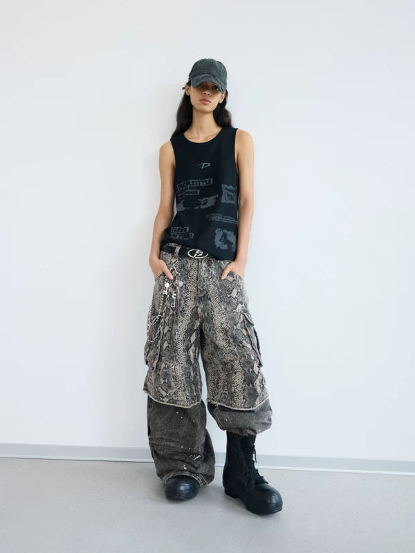 Faux Two-Piece Snake Print Cargo Pants 5