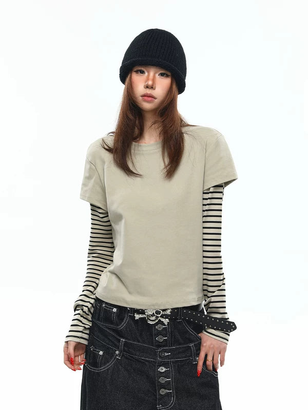 Faux Two-Piece Striped Patchwork Long-Sleeve T-Shirt 1